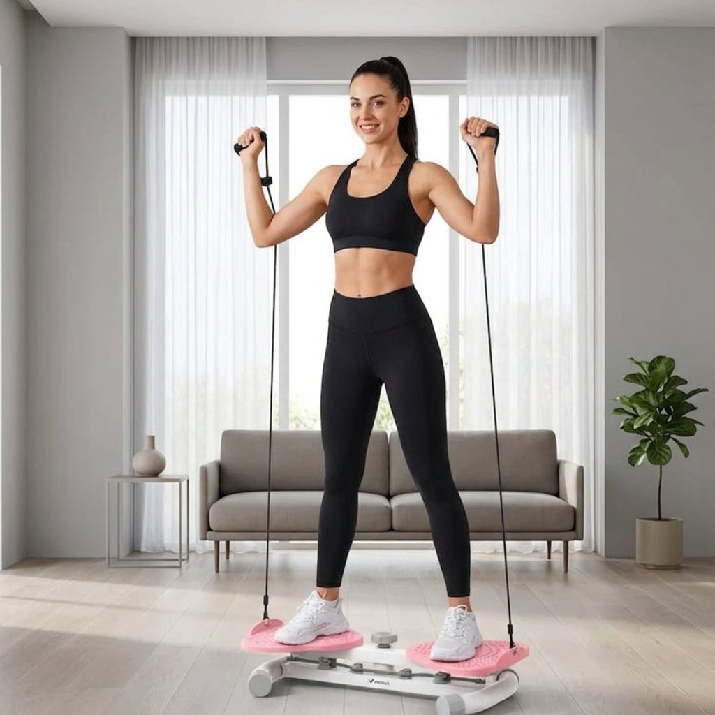 Woman exercising with resistance bands on a compact home ab-twist workout machine.
