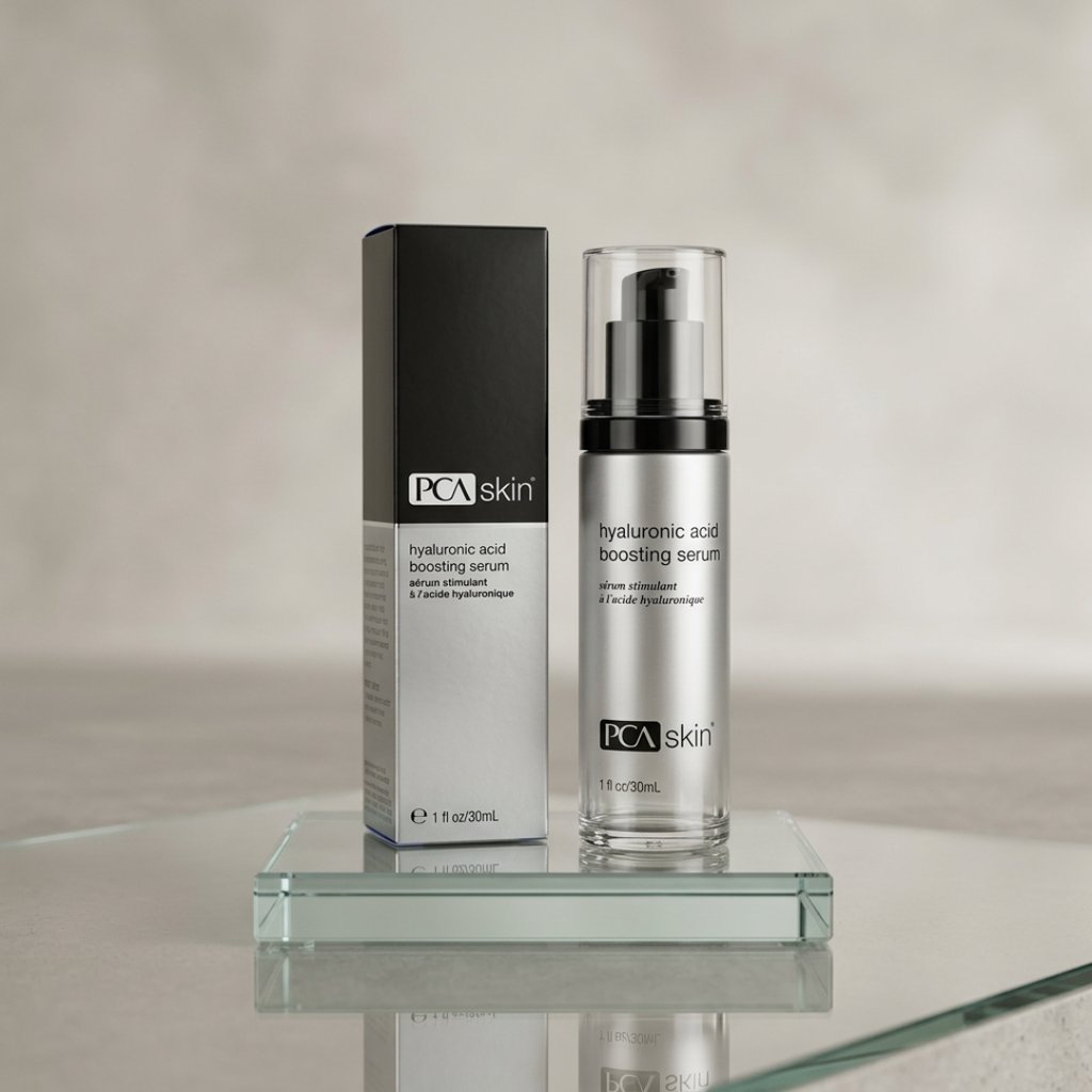 PCA Skin hyaluronic acid boosting serum bottle and box on glass surface