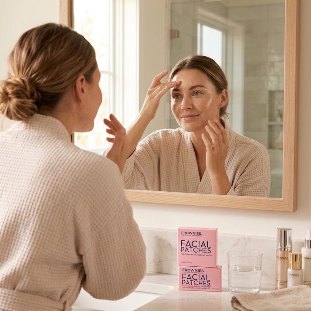 Woman applying a facial patch in a bathroom mirror with facial patch products on the counter