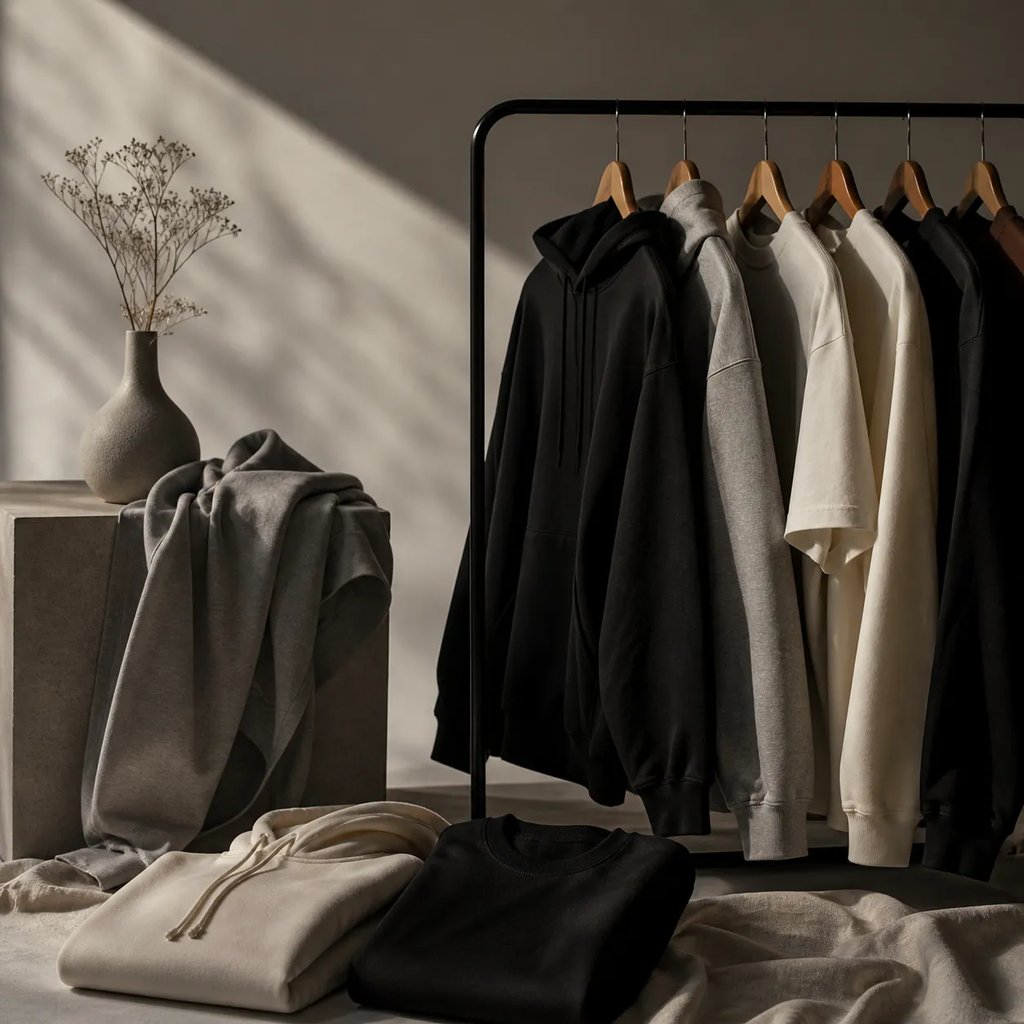 Minimalist clothing rack featuring neutral hoodies and t-shirts in a modern room. Krypton Studio