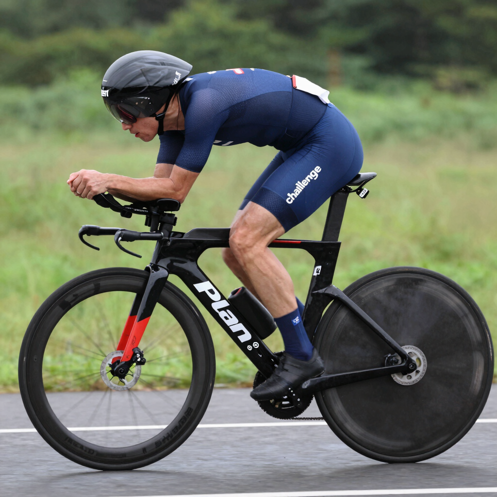 Close-up of cyclist in aerodynamic position on a time trial bike with dark and gold accents.