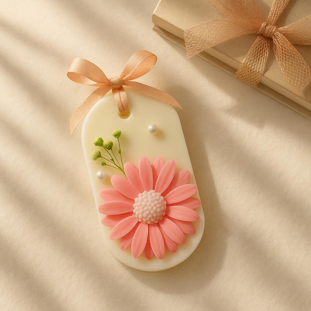 Handmade floral wax sachet with pink daisy and peach ribbon, perfect for home fragrance gifts.