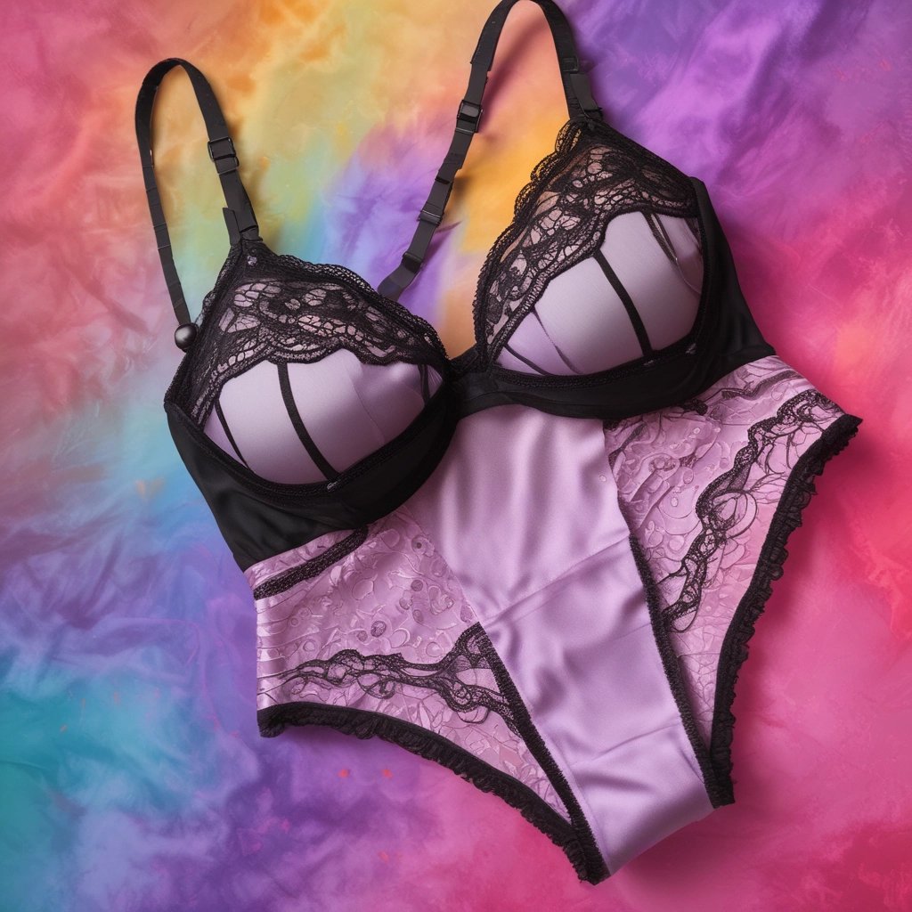 Delicate lace lingerie displayed on a minimalist black background with hints of burgundy and violet.