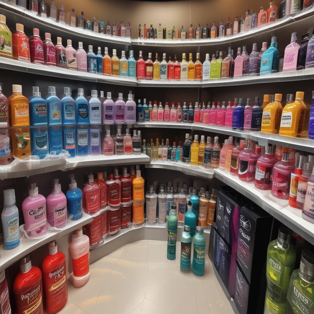 Close-up of elegant bottles of lubricants and intimate gels with soft lighting highlighting their sleek design.