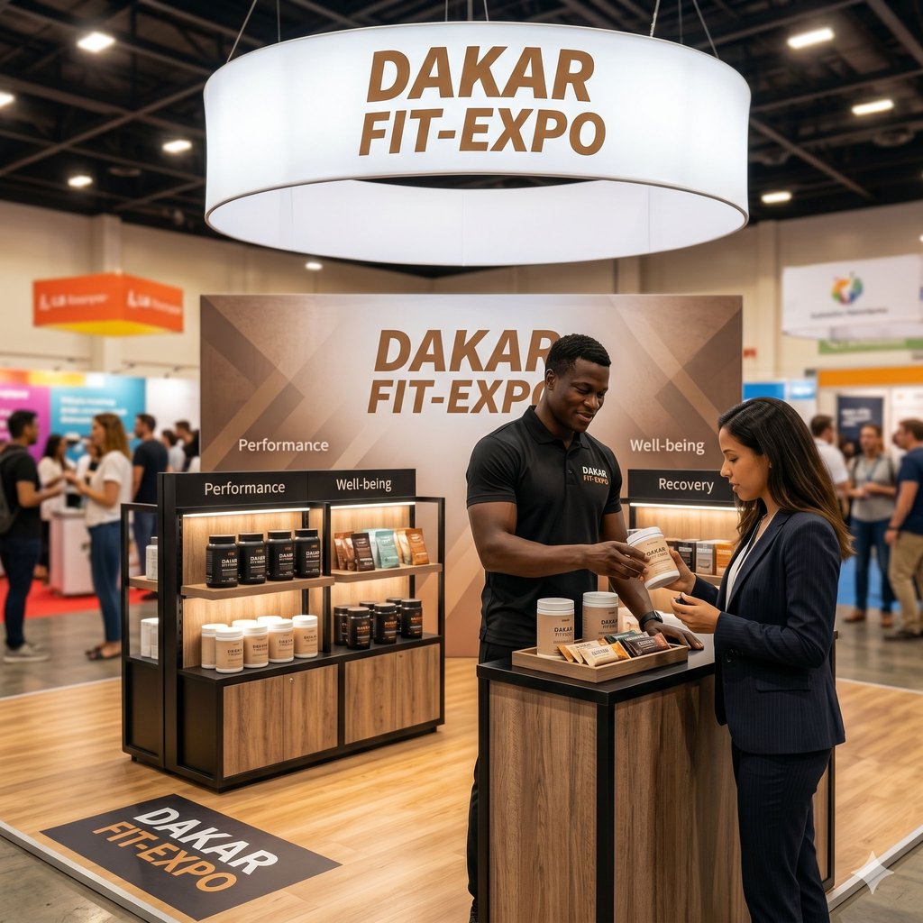 Stand d'exposition premium de fitness et nutrition sportive lors de l'événement Dakar Fit Expo au Sé