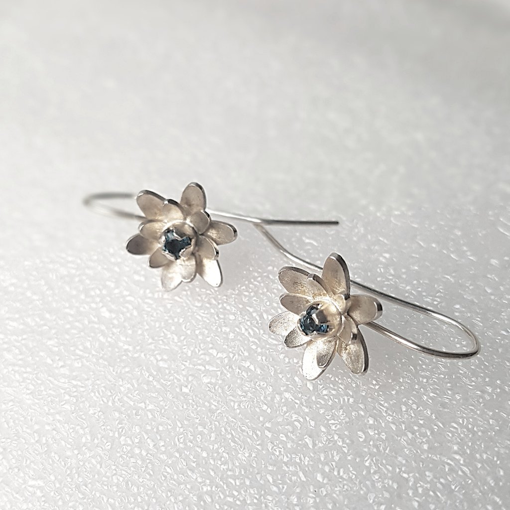 a pair of earrings with a flower design