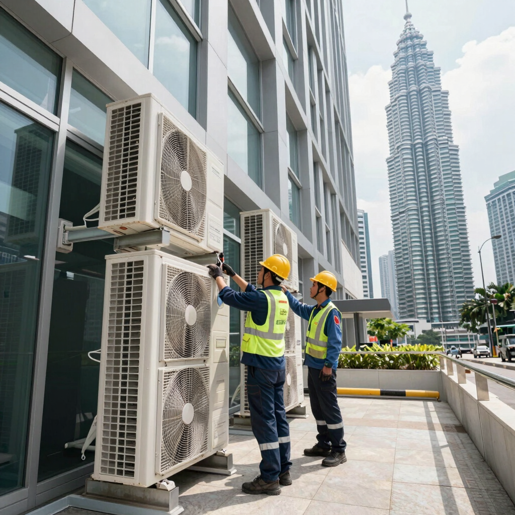 A skilled technician inspecting HVAC equipment on a commercial building rooftop in Kuala Lumpur.