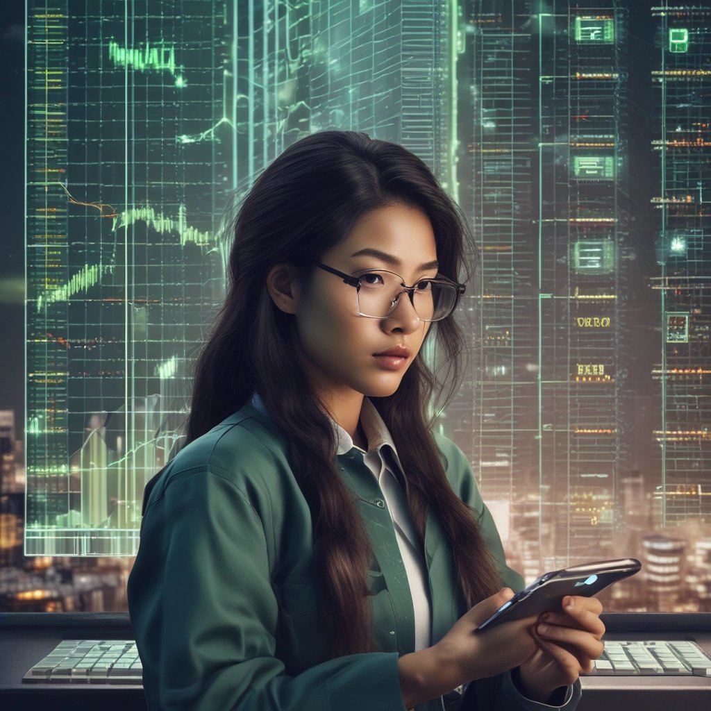 A female data analyst with glasses monitors financial stock market charts on a digital screen.