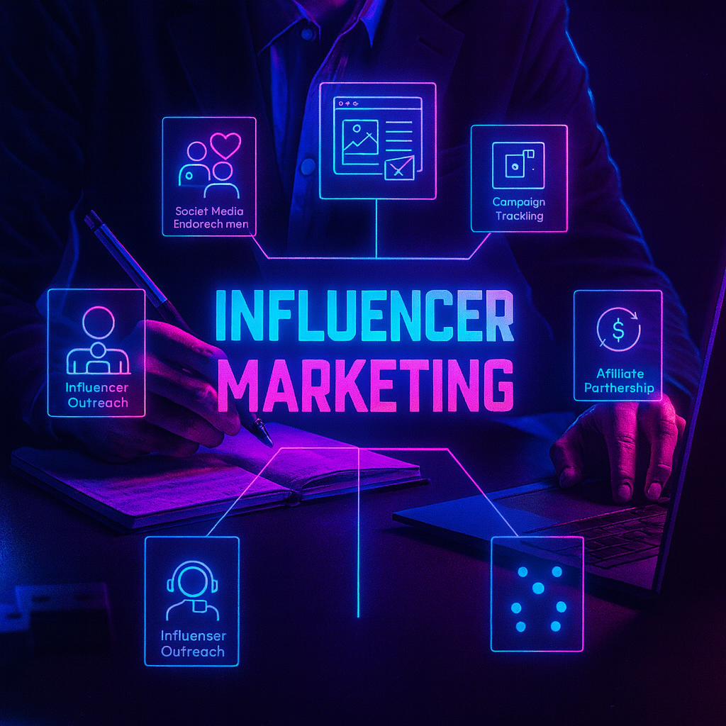 Neon influencer marketing graphic representing PC hardware and gaming creator campaigns