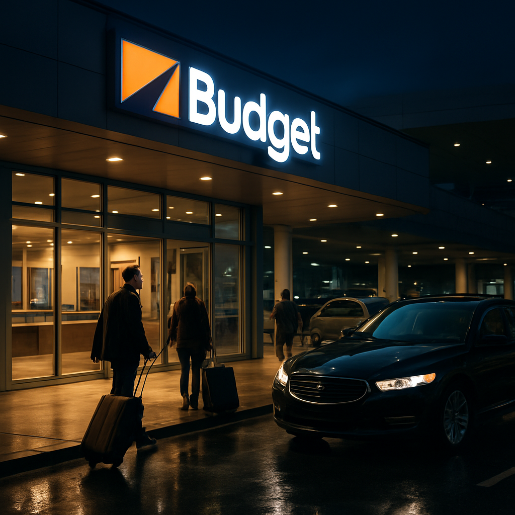 A friendly customer service agent handing car keys to a smiling traveler at the airport rental counter.