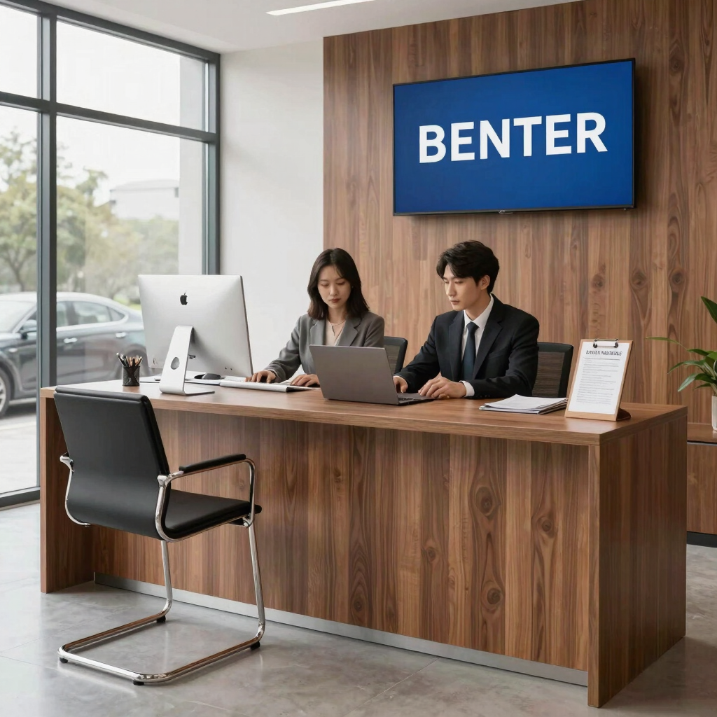 A friendly customer service agent assisting a renter at a 24/7 service desk.