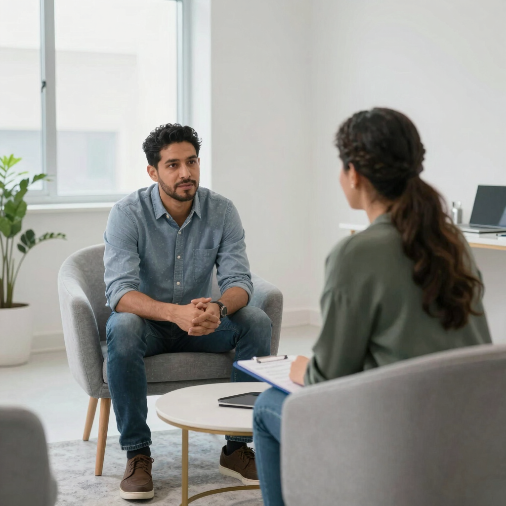 A serene therapy room bathed in soft natural light with calming blue tones and plants by the window.