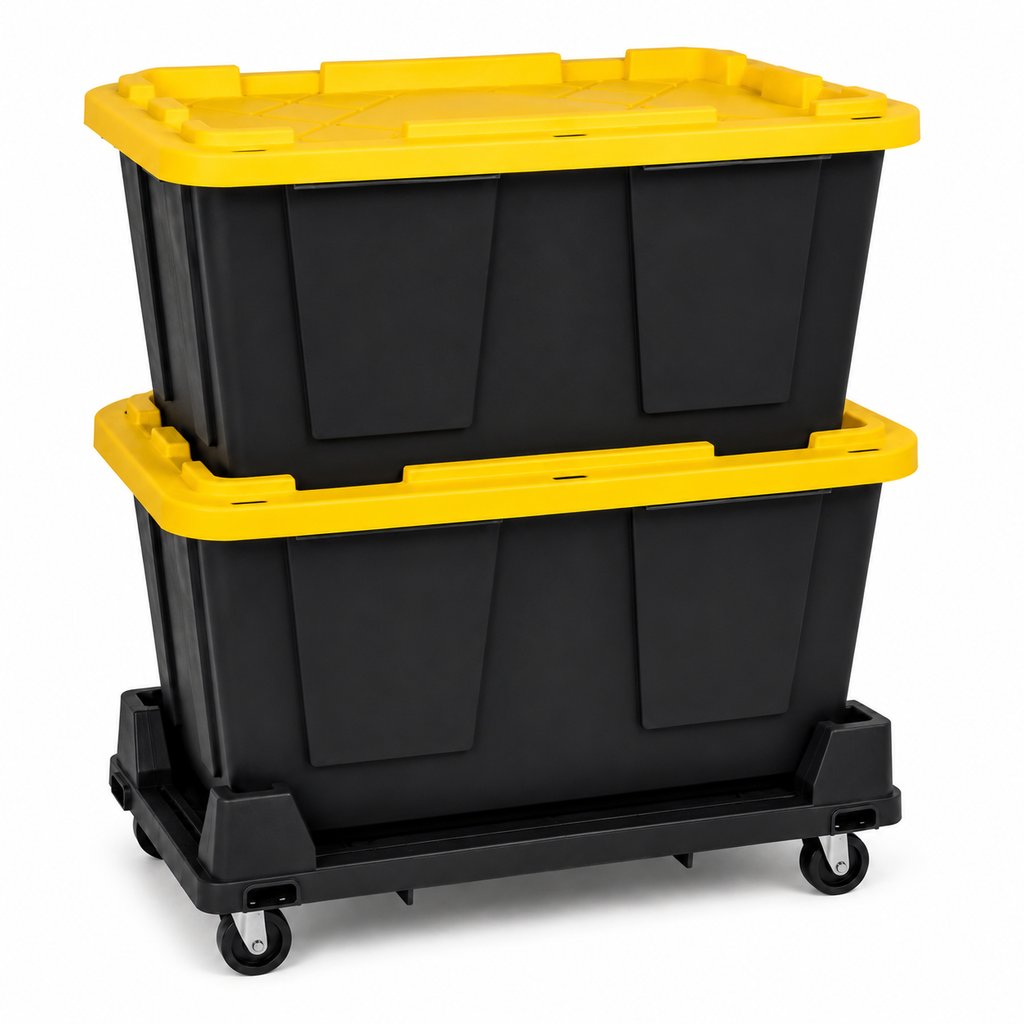 Two black totes with yellow lids on a black tote dolly