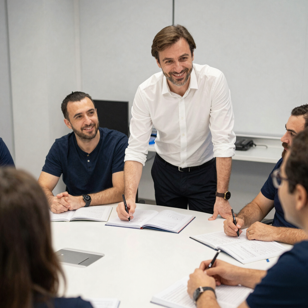 A classroom setting with attentive participants watching a quality management system presentation.