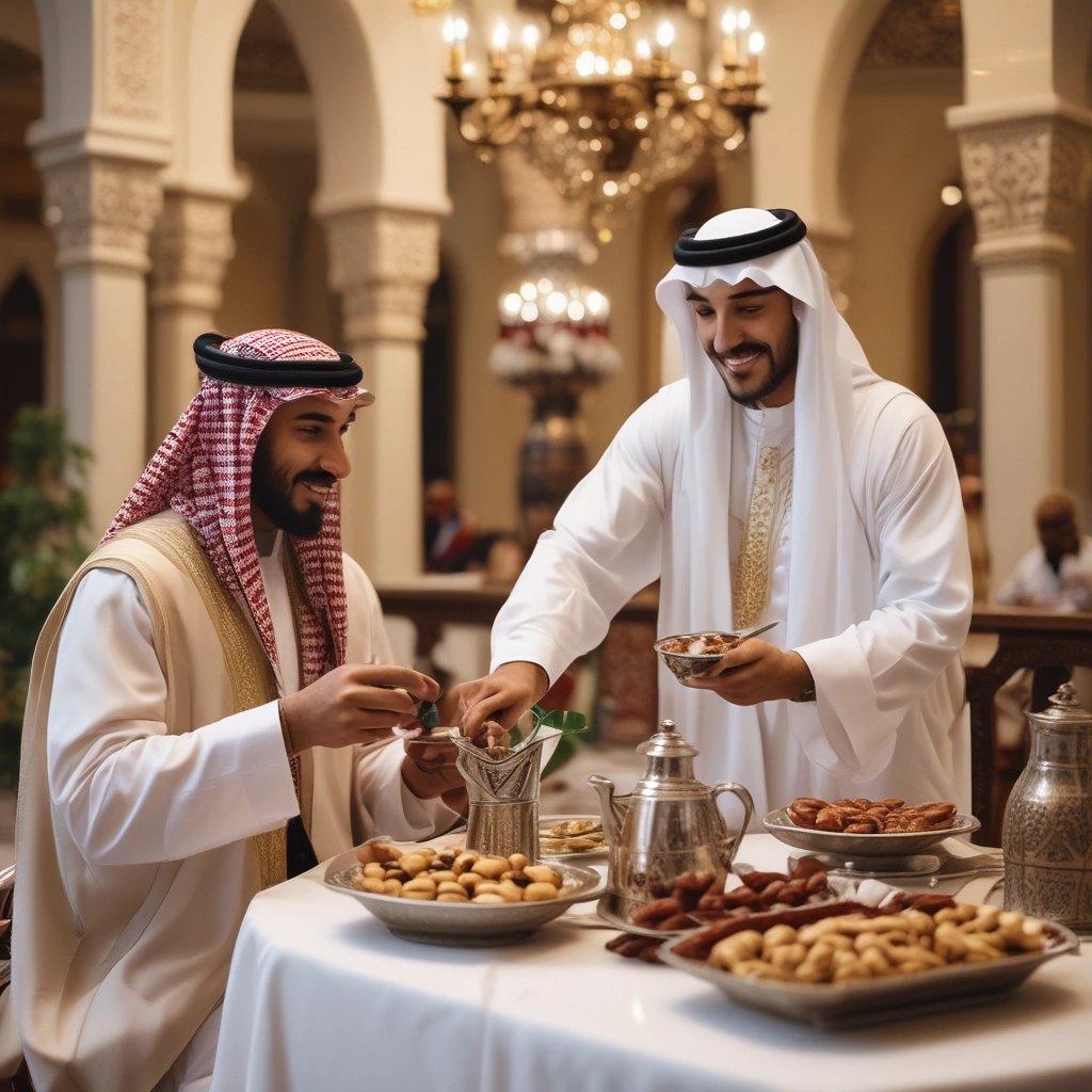 A warm traditional Nubi hospitality setup with coffee pots, dates, and elegant seating arrangements.