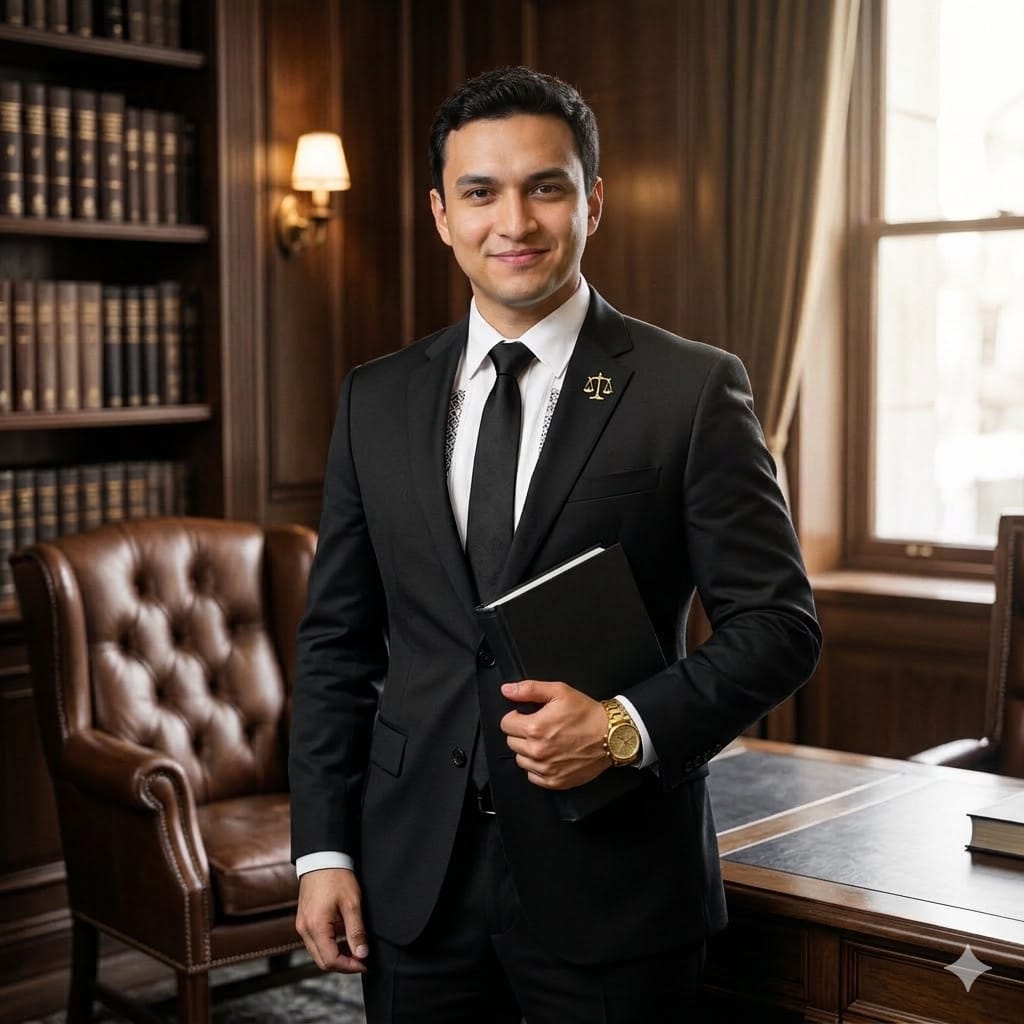 Hombre de pie con saco negro sosteniendo libro en una sala antigua. Imagen a color