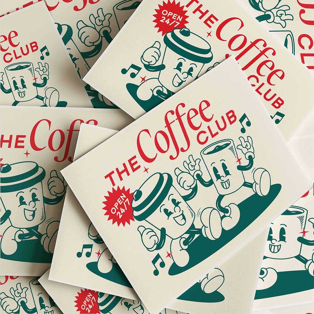 The Coffee Club retro kitchen wall art with vintage coffee cup character illustration