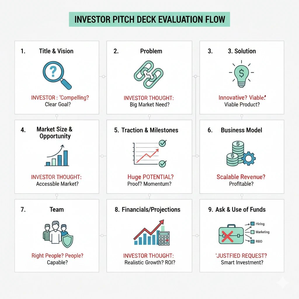 Slide-by-slide pitch deck structure showing how investors evaluate each section of a startup present