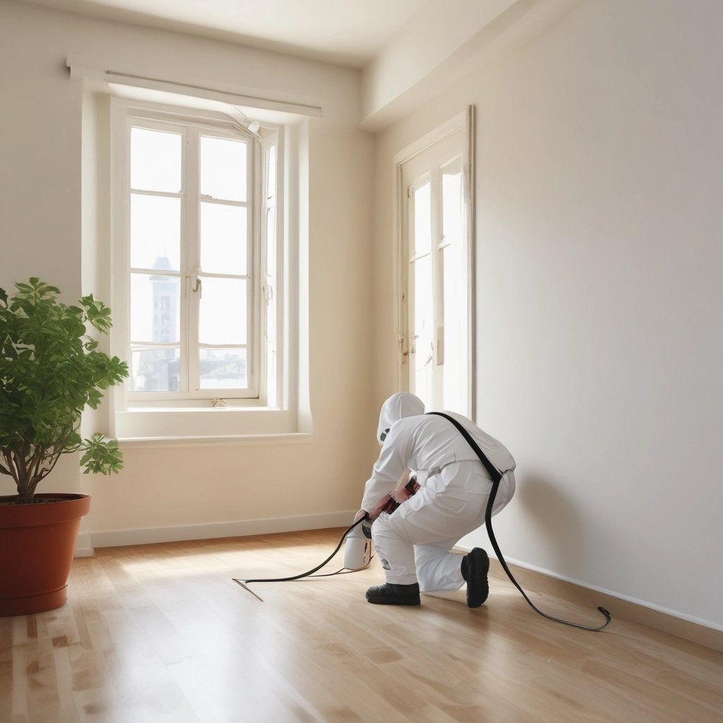 Professional pest control team working in a busy Delhi office space.