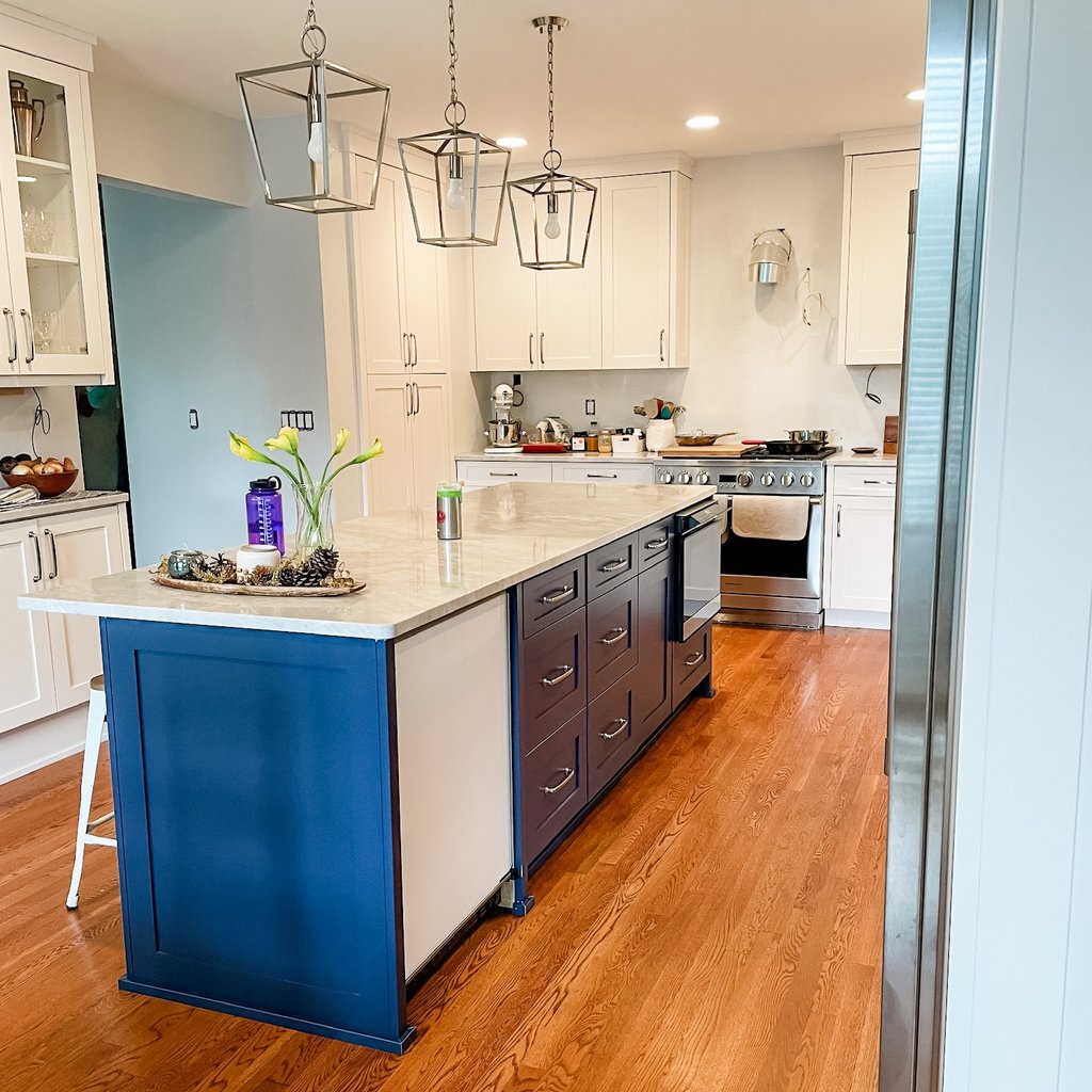 Custom kitchen island and cabinetry designed and built by Pearce Woodworks Detroit. 