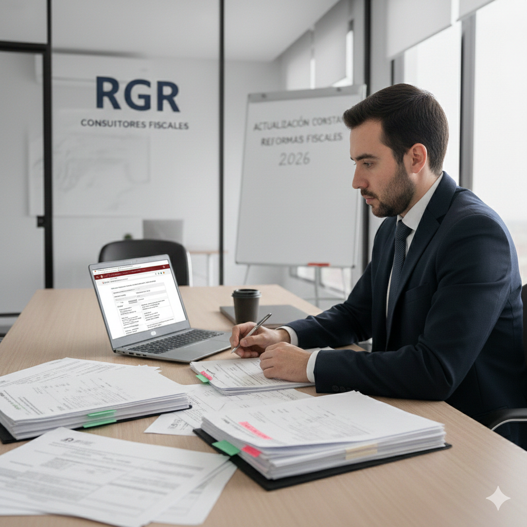 Consultor fiscal de RGR analizando documentos financieros y reformas tributarias en oficina.