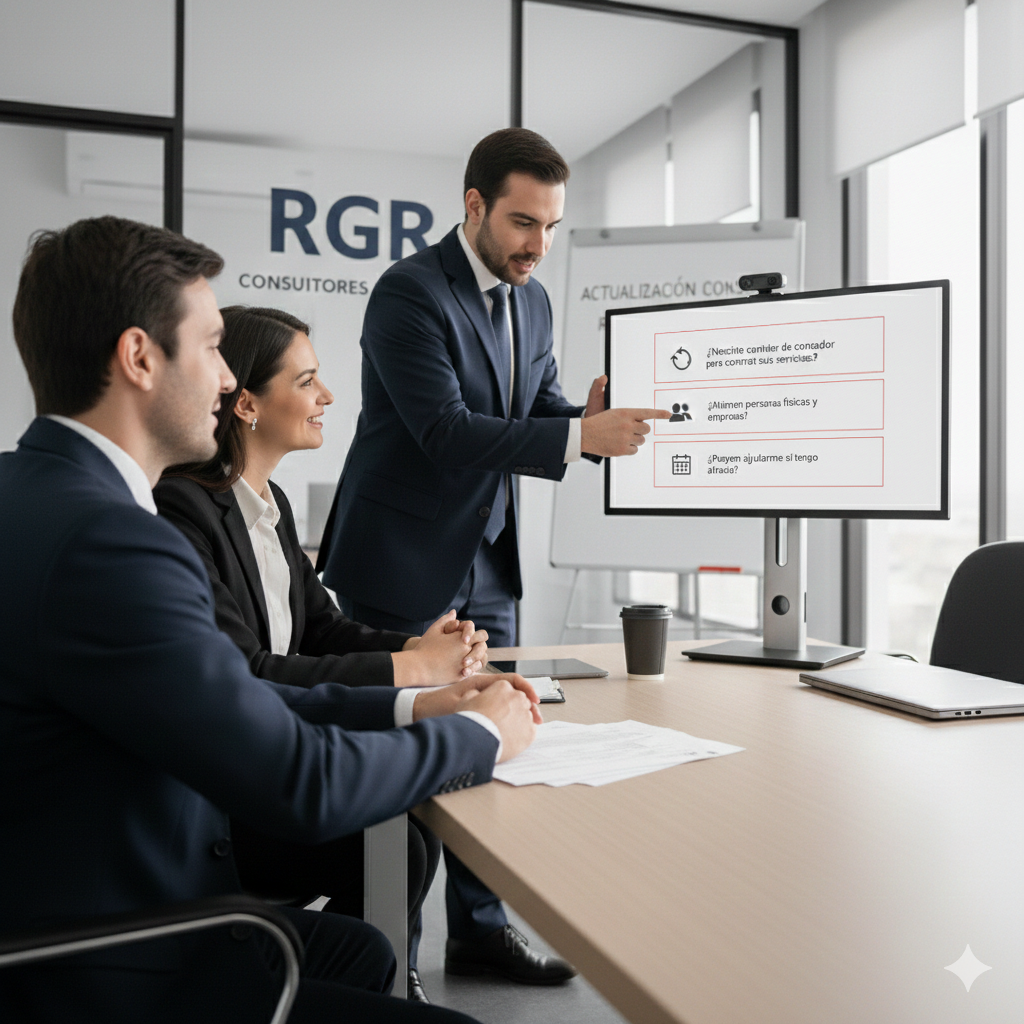 Equipo profesional revisando propuesta de asesoría fiscal en oficina moderna.