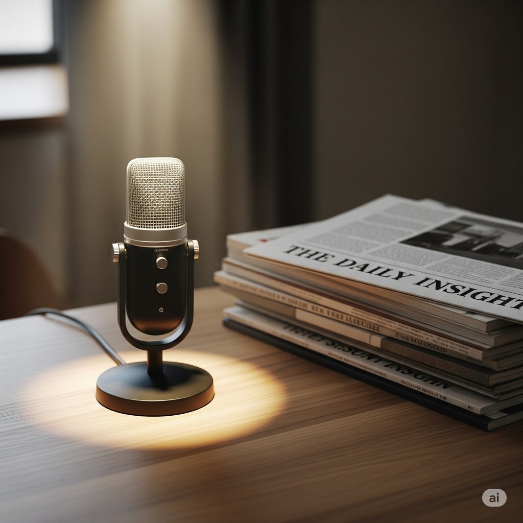 A professional microphone next to a stack of papers