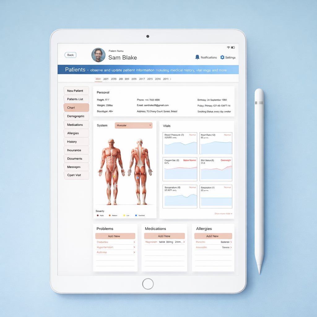 Digital patient portal interface on a white tablet displaying electronic health records and vitals.
