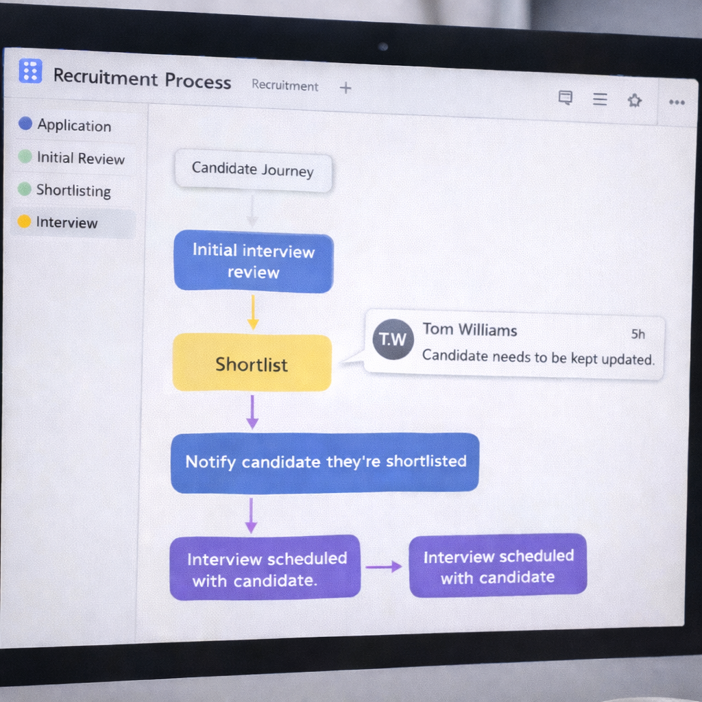 Digital recruitment process flowchart showing candidate journey steps from initial review to interview scheduling