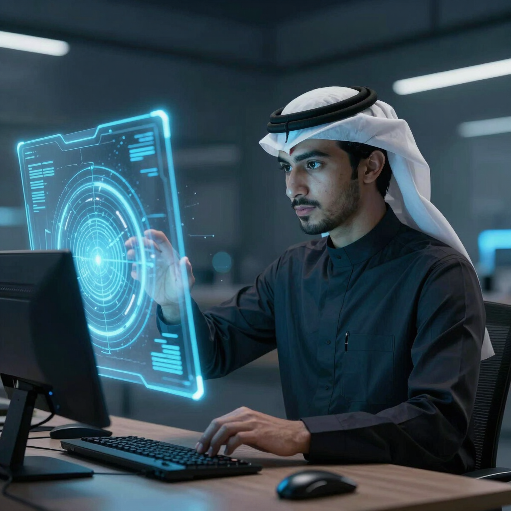 Arab male technology specialist interacting with a futuristic digital holograph display screen in a modern office.