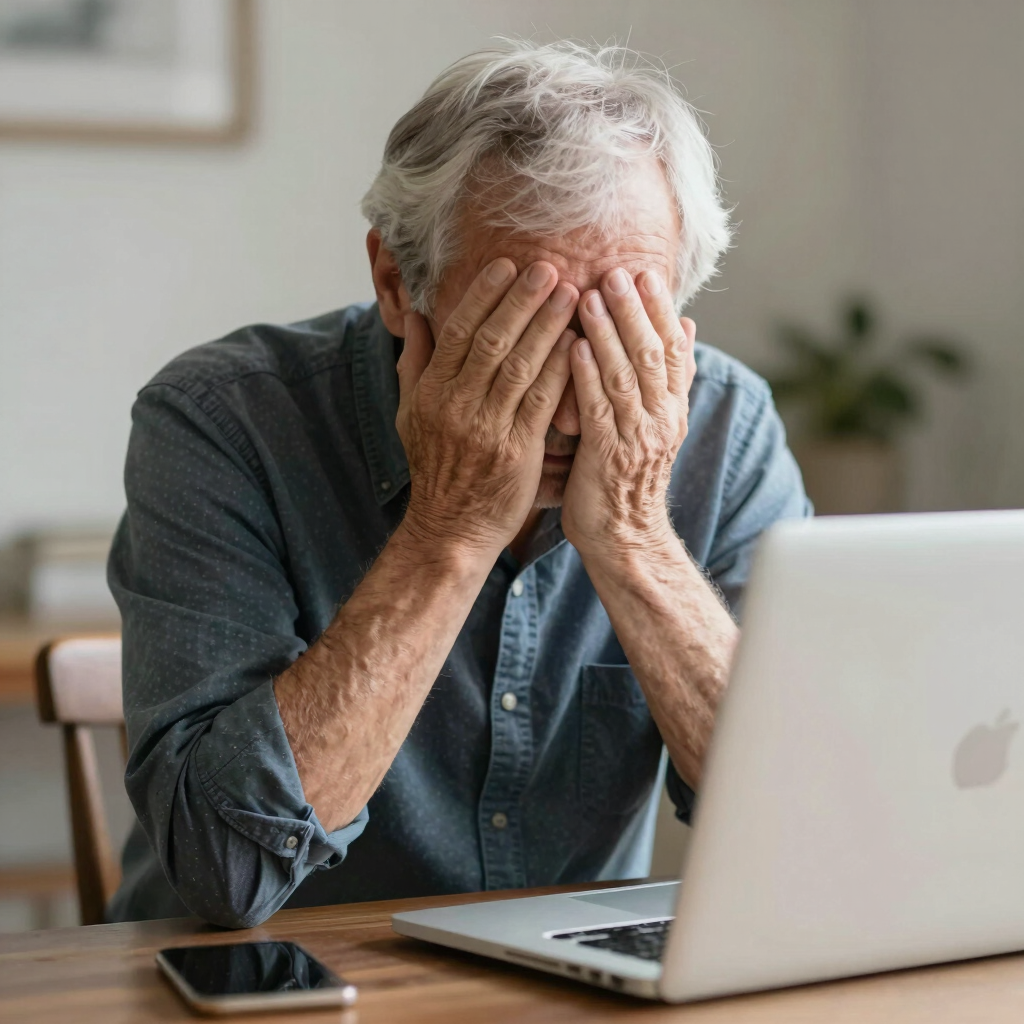 A friendly technician helping an elderly woman with her tablet in a cozy living room.