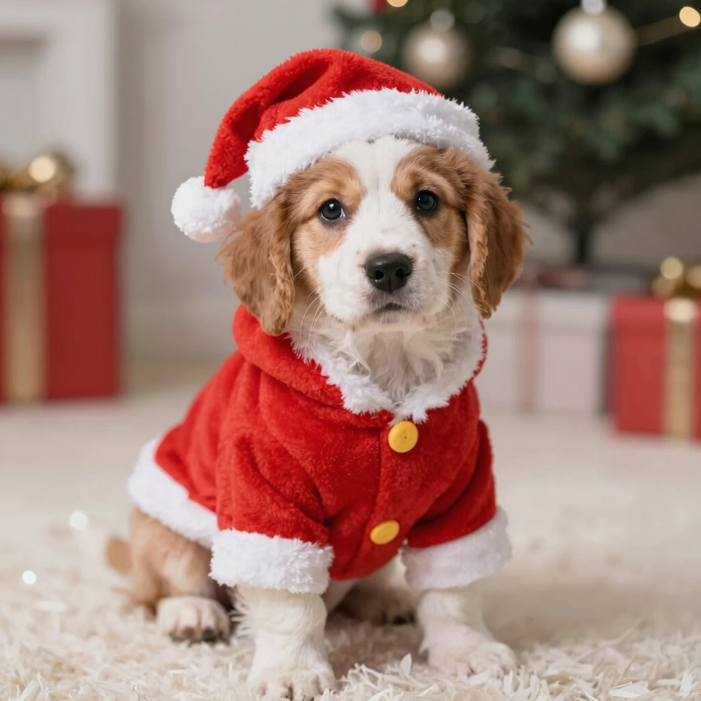 Cachorro usando disfraz de Santa Claus