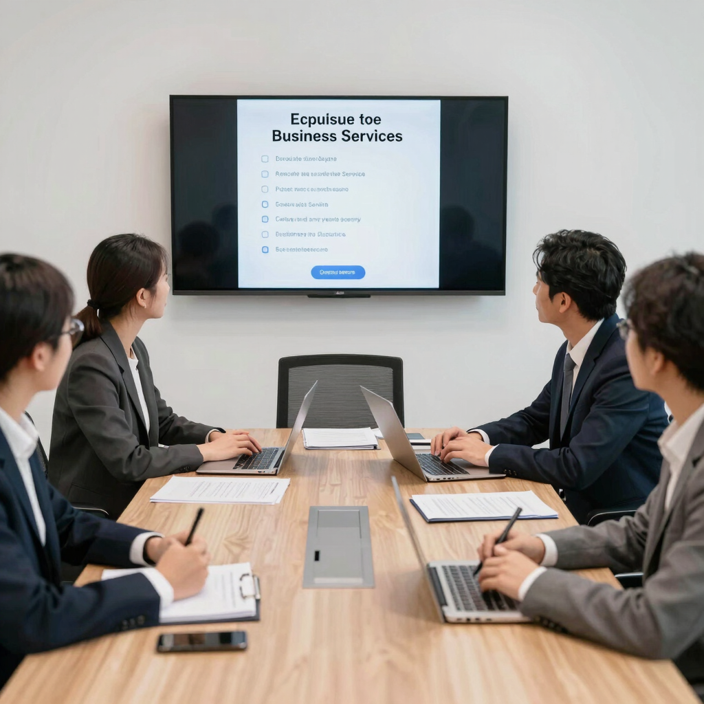 A team of consultants collaborating over a strategy board in a bright office.