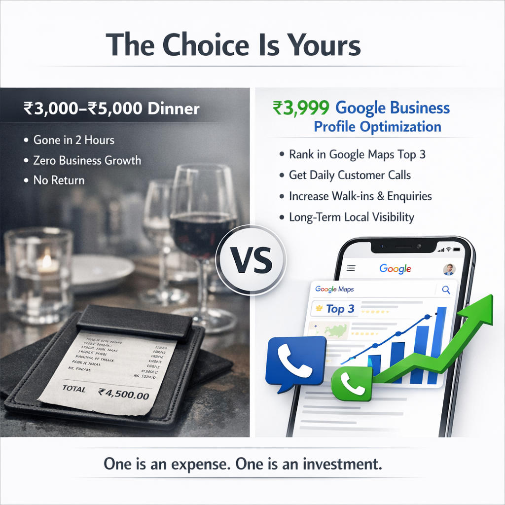 Comparison between ₹3000–₹5000 dinner expense and ₹3999 Google Business Profile optimization invest