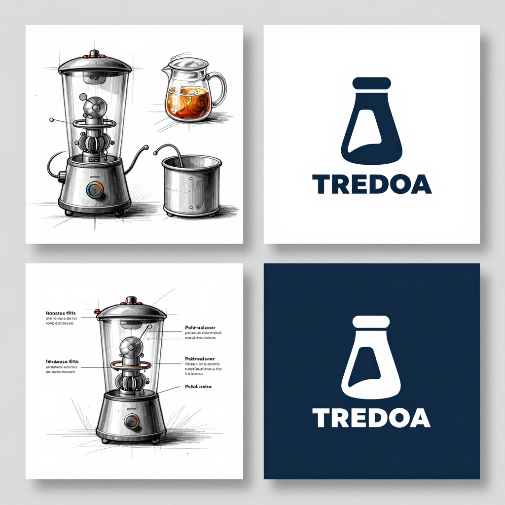 Industrial design sketches of modern kitchen appliances including blenders and storage containers.