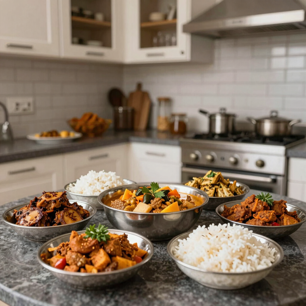 A warm, inviting kitchen scene with chef Syed Hussain Shah preparing traditional Pakistani dishes surrounded by vibrant spices and fresh ingredients.
