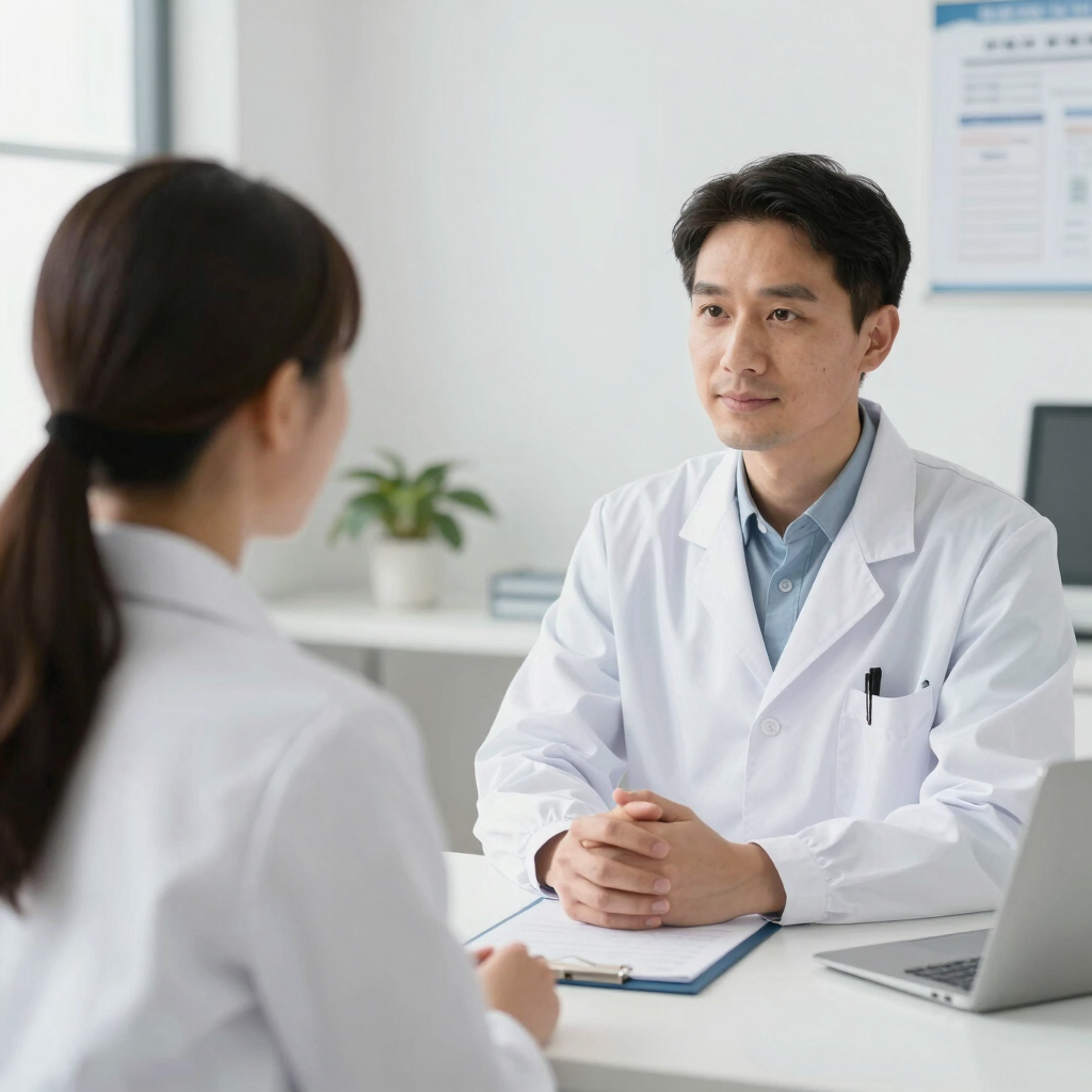 A professional male doctor in a white lab coat consulting with a female patient in a medical office.