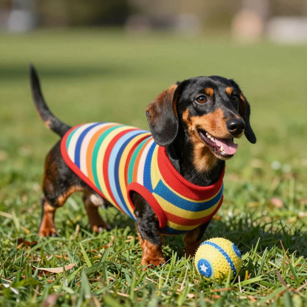perrito salchicha con sueter de colores en el pasto junto a una pelota