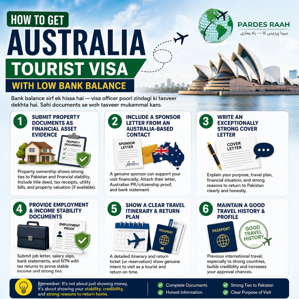 Infographic guide on how to get an Australia tourist visa with a low bank balance from Pakistan.