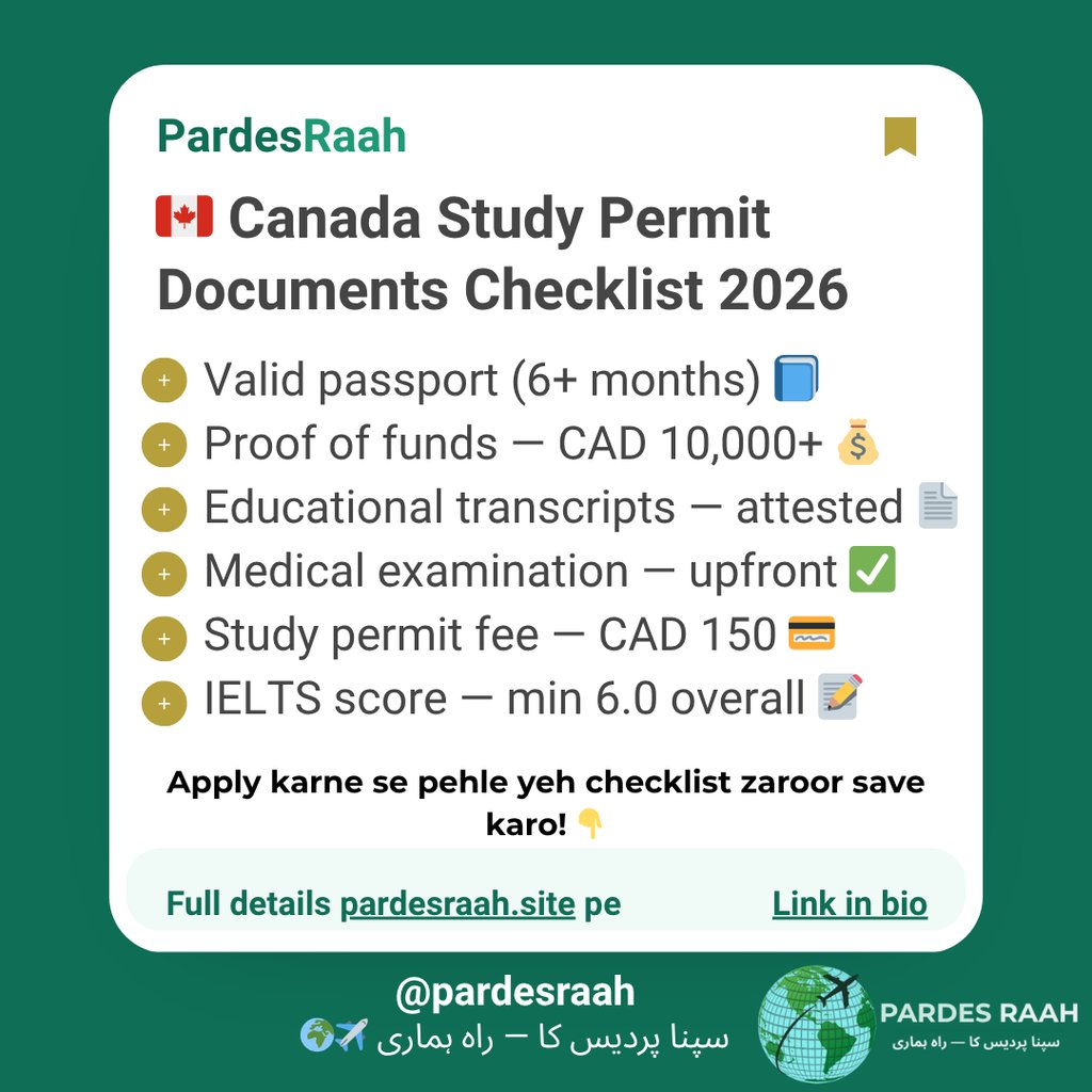 Canada Study Permit Documents Checklist 2026 including passport, proof of funds, and IELTS requirements.