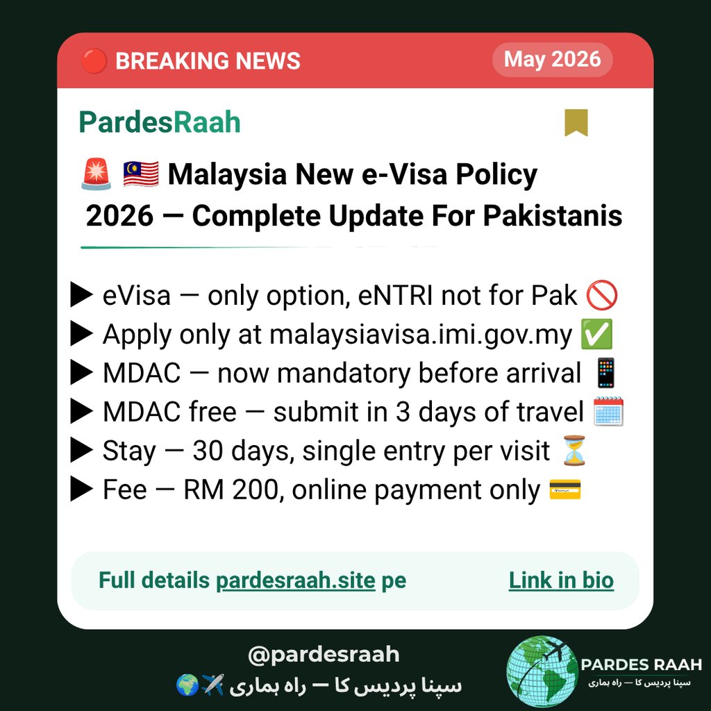 Infographic on Malaysia New e-Visa Policy 2026 for Pakistani citizens including fees and MDAC requirements.