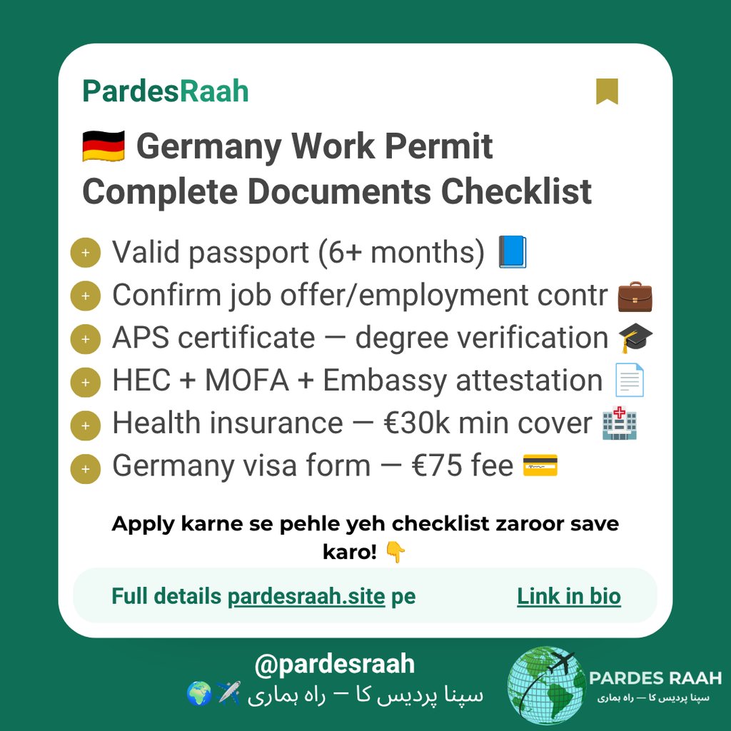 Complete Germany Work Permit documents checklist including visa form, health insurance, and APS certificate.