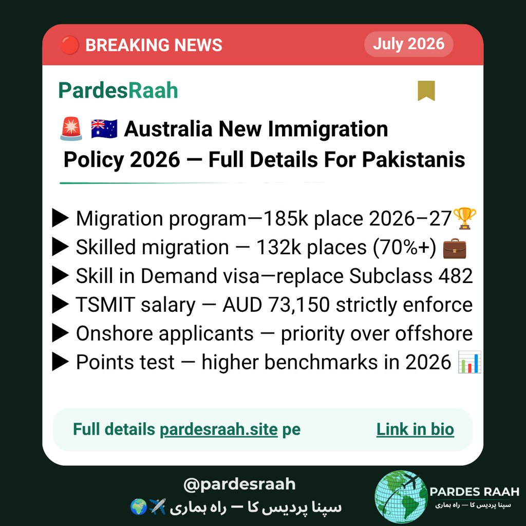 Infographic detailing Australia's new 2026 immigration policy for Pakistanis, including skilled migration quotas and visa