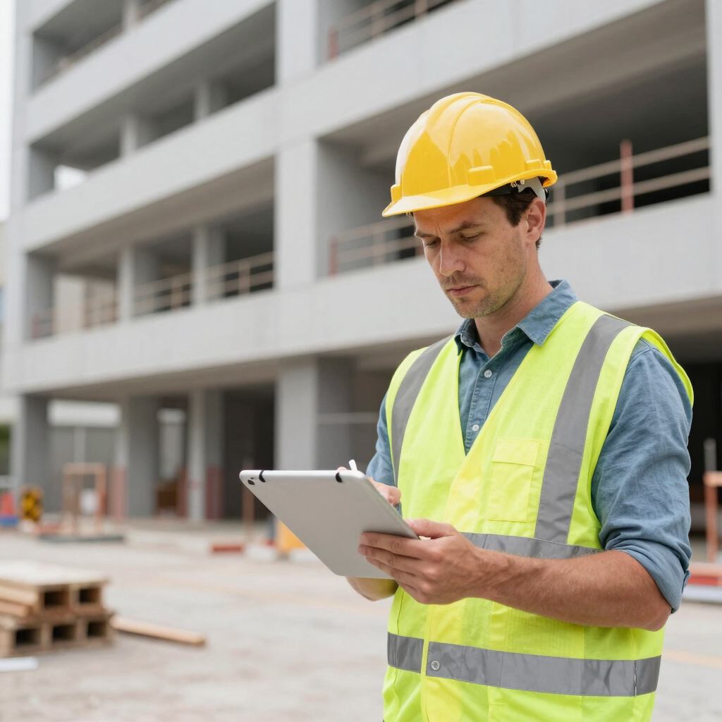 A consultant examining a building site with detailed blueprints in hand, sunlight casting warm tones.