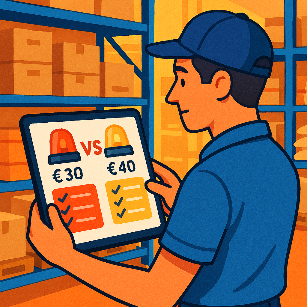 Ilustración en Proveedores, mozo de almacén usando el comparador Dighoreca, para servicio de alarmas