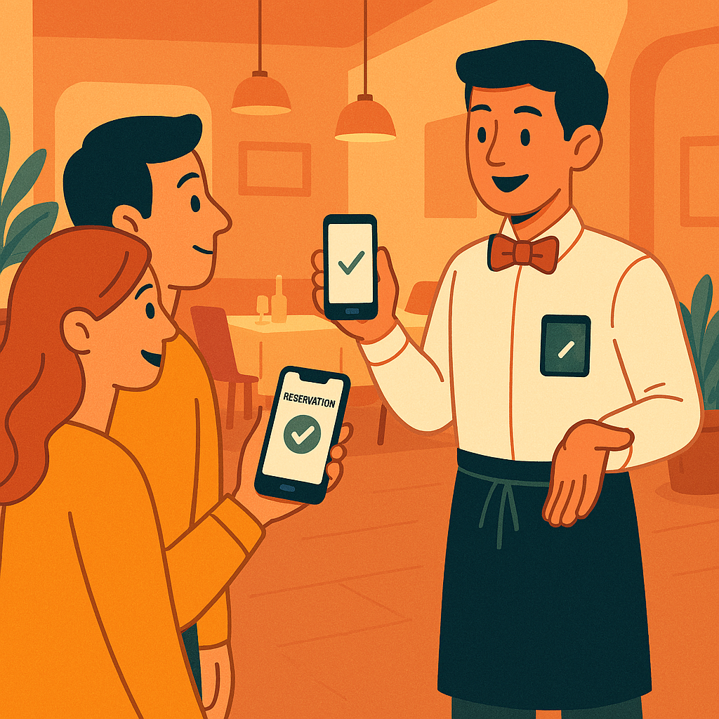 Ilustración en Hostelería, camarero validando la reserva Dighoreca a unos clientes