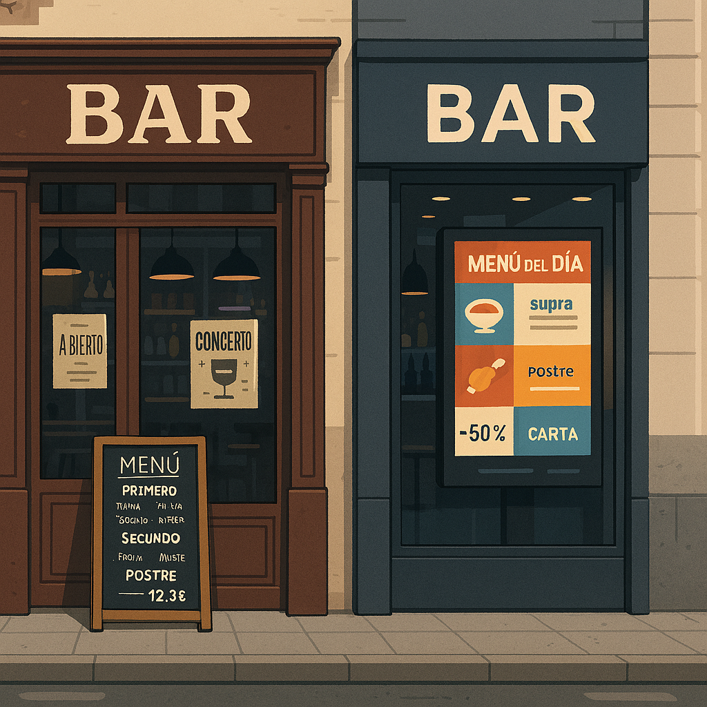 Ilustración en Hostelería 2 escaparates de bares (cartelería y pizarra tradicional vs pantalla y qr)