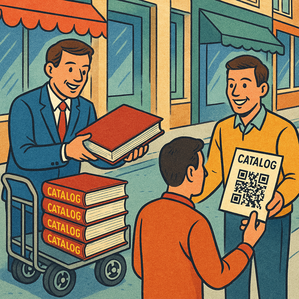 Ilustración en Proveedores, 2 comerciales (catálogo enorme tradicional vs catálogo QR de Dighoreca