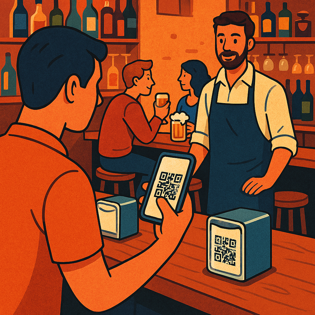 Ilustración en Hostelería, cliente leyendo el QR de la carta
