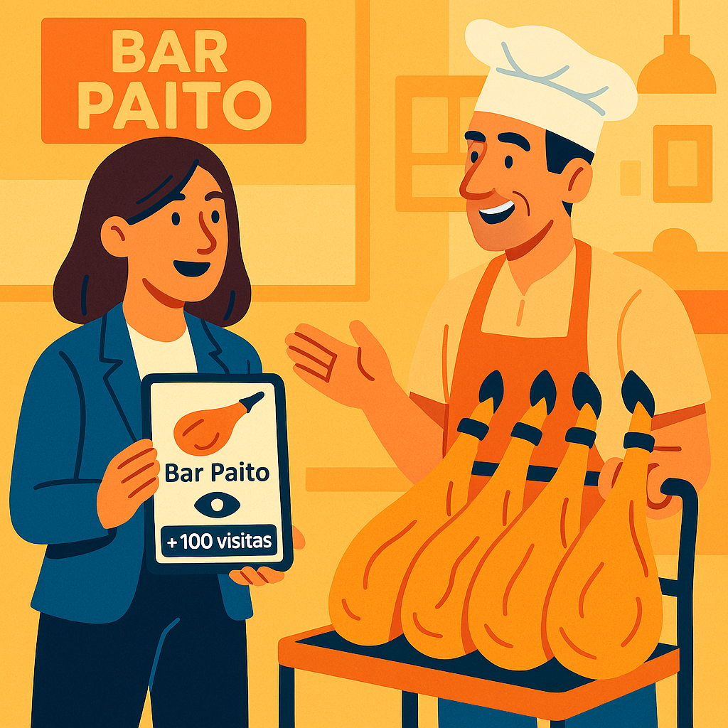 Ilustración en Proveedores, comercial visitando un cliente, con la información deDighoreca